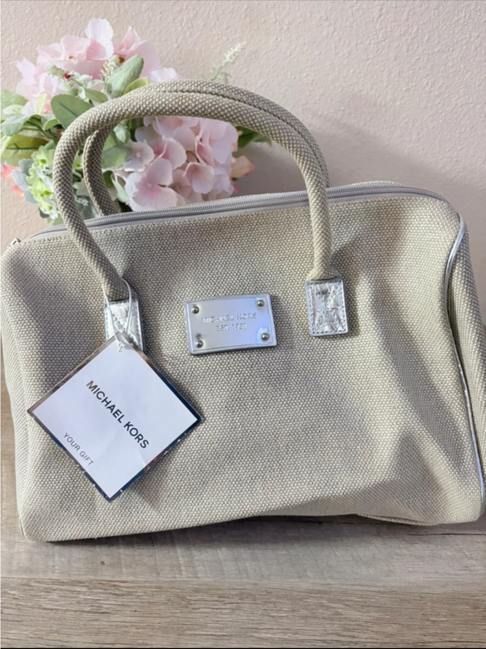 Michael Kors Cream Canvas Satchel with Silver Accents
